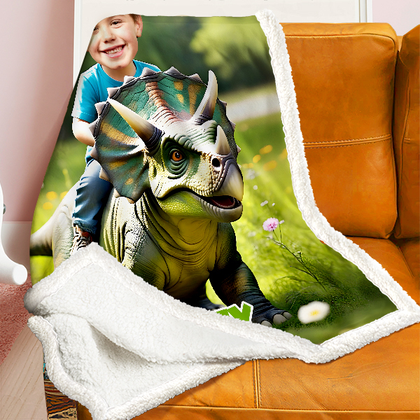 Custom Riding Dinosaur Blankets Personalized Face & Name Hero Blanket Gifts For Boys-mekesllser-dinosaur blanket,Mekesllser,For Kids,Home&Living,Blanket,For Boys,Dinosaur,Blanket for Boys