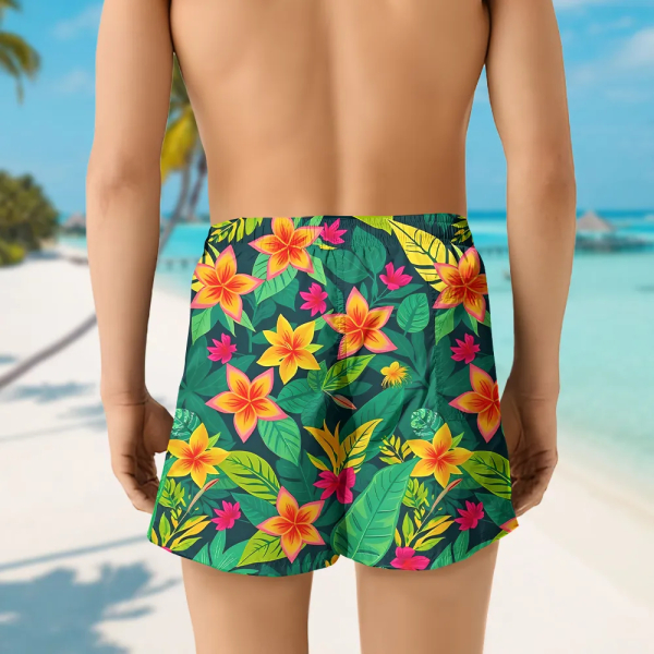 Custom Hawaiian Mens Beach Shorts Personalized Photo Green Flower Hawaiian Sports Shorts Gift For Him For Husband-mekesllser-Swimwear,Mekesllser,Summer Sale,Beach Shorts,Swimwear For Men,For Men,Hawaiian