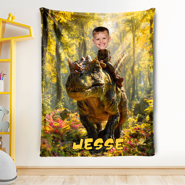 Custom Dinosaur Blankets Personalized Face & Name Hero Blanket Gifts For Boys-mekesllser-dinosaur blanket,Mekesllser,For Kids,Home&Living,Blanket,For Boys,Dinosaur,Blanket for Boys