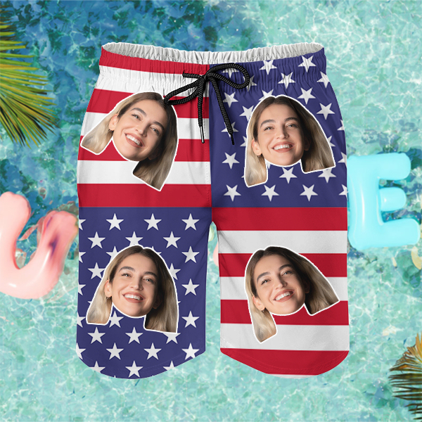 Custom American Flag Hawaiian Mens‘ Shorts Personalized Photo Hawaiian Beach Shorts Gift For Him For Husband-mekesllser-Swimwear,Mekesllser,American Flag,Summer Sale,Swimwear For Men,For Men,Hawaiian Shorts