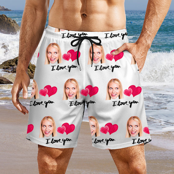 Custom Sweet Heart Mens‘ Shorts Personalized Photo Hawaiian Love Beach Shorts Gift For Him For Husband-mekesllser-Swimwear,Mekesllser,Red Heart,Summer Sale,Swimwear For Men,For Men,Hawaiian Shorts