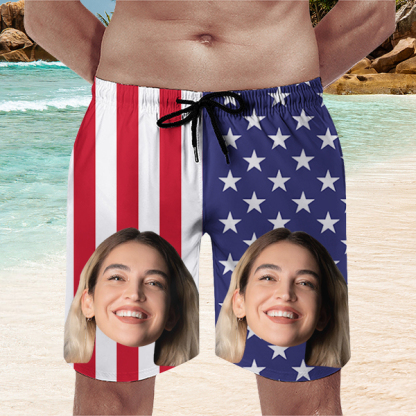 Custom American Flag Mens‘ Shorts Personalized Photo Hawaiian Beach Shorts Gift For Him For Husband-mekesllser-Swimwear,Mekesllser,American Flag,Summer Sale,Swimwear For Men,For Men,Hawaiian Shorts