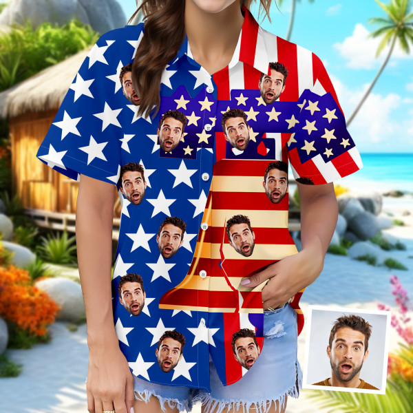Custom Liberty Bell Women's Hawaiian Shirt With Face American Flag Hawaiian Personalized Gifts For Her-mekesllser-Swimwear For Women,For Women,Swimwear,Mekesllser,American Flag,Summer Sale,Hawaiian Shirt,Women's Hawaiian Shirt