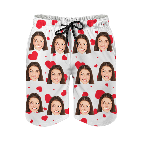 Custom Sweet Heart Mens‘ Shorts Personalized Photo Hawaiian Sweet Love Beach Shorts Gift For Him For Husband-mekesllser-Swimwear,Mekesllser,Red Heart,Summer Sale,Swimwear For Men,For Men,Hawaiian Shorts