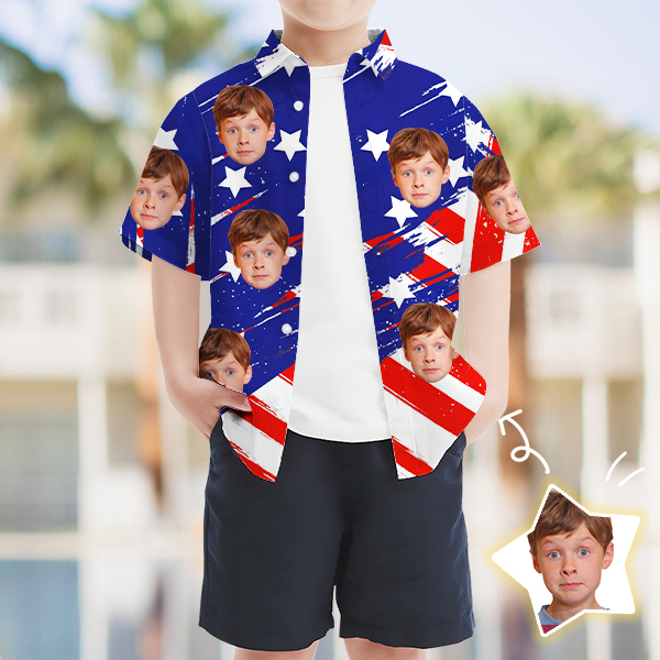 Custom American Flag Short Sleeve Shirt Face Hawaiian Independence Day Shirt  Beach Holiday Gift For Kids-mekesllser-Swimwear,Mekesllser,American Flag,Summer Sale,Hawaiian Shirt,For Kids,Swimwear For Kids,Kid's Hawaiian Shirt,For Boys,For Girls