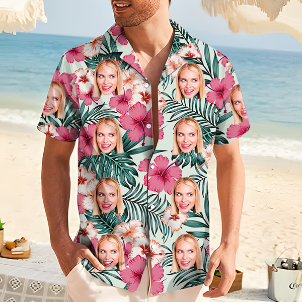 Custom Hawaiian Hibiscus Shirt With Personalized Face Holiday Flower Beach Shirt  Holiday Gift For Men, For Husband-mekesllser-Swimwear,Mekesllser,Summer Sale,Swimwear For Men,For Men,Hawaiian,Hawaiian Shirt,Men's Hawaiian Shirt