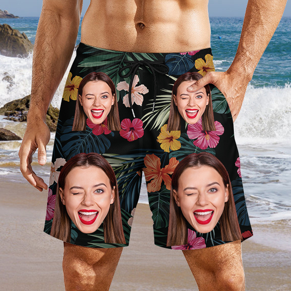 Custom Hawaiian Mens‘ Shorts Personalized Photo Flower Hawaiian Sports Beach Shorts Gift For Him For Husband-mekesllser-Swimwear,Mekesllser,Summer Sale,Swimwear For Men,For Men,Hawaiian,Hawaiian Shorts