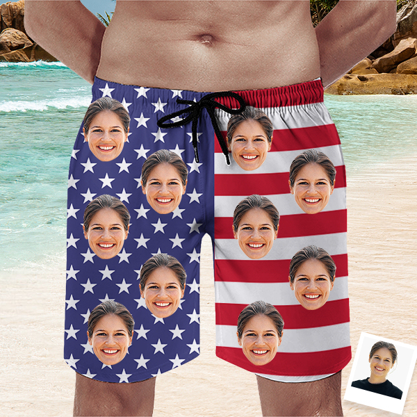 Custom American Flag Hawaiian Shorts Personalized Photo Hawaiian Beach Shorts Gift For Him For Men-mekesllser-Swimwear,Mekesllser,American Flag,Summer Sale,Swimwear For Men,For Men,Hawaiian Shorts