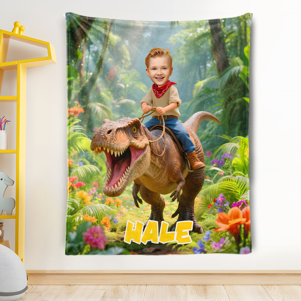 Custom Rainforest Dinosaur Blankets Personalized Boy Riding Dinosaur Blanket Gift For Boys-mekesllser-dinosaur blanket,Mekesllser,For Kids,IP,Home&Living,Blanket,For Boys,Dinosaur,Kid's Animal Theme,Blanket for Boys,Autumn Sale,Children's Daily Style
