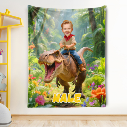 Custom Rainforest Dinosaur Blankets Personalized Boy Riding Dinosaur Blanket Gift For Boys-mekesllser-dinosaur blanket,Mekesllser,For Kids,IP,Home&Living,Blanket,For Boys,Dinosaur,Kid's Animal Theme,Blanket for Boys,Autumn Sale,Children's Daily Style