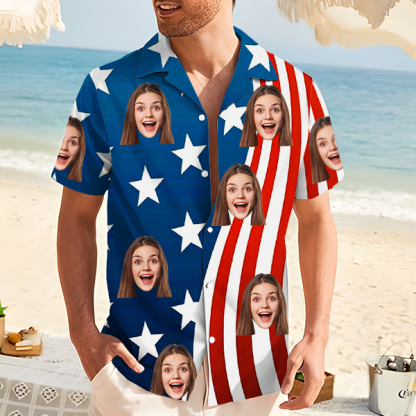 Custom American Flag Hawaiian Shirt With Face Holiday Beach Shirt Beach Shirt Holiday Gift For Men-mekesllser-Swimwear,Mekesllser,American Flag,Summer Sale,Swimwear For Men,For Men,Hawaiian Shirt,Men's Hawaiian Shirt