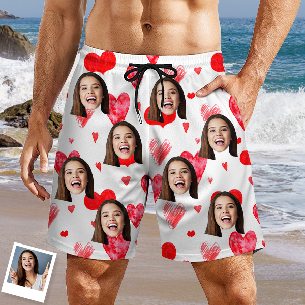 Custom Sweet Heart Mens‘ Shorts Personalized Photo Name Hawaiian Beach Shorts Gift For Him For Husband-mekesllser-Swimwear,Mekesllser,Red Heart,Summer Sale,Swimwear For Men,For Men,Hawaiian Shorts