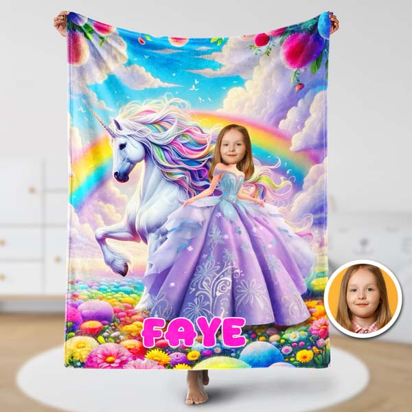 Custom Princess With Unicorn Blankets Personalized Face & Name Blanket Gifts For Girls-mekesllser-Mekesllser,For Kids,IP,Home&Living,Blanket,For Girls,Princess,Blanket for Girls,Unicorn
