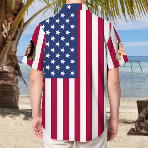 Custom American Flag Hawaiian Shirt With Face Holiday Beach Shirt Beach Shirt Holiday Gift For Men, For Husband-mekesllser-Swimwear,Mekesllser,American Flag,Summer Sale,Swimwear For Men,For Men,Hawaiian Shirt,Men's Hawaiian Shirt