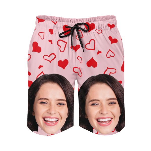 Custom Sweet Red Heart Mens‘ Shorts Personalized Photo Hawaiian Sweet Love Beach Shorts Gift For Him For Husband-mekesllser-Swimwear,Mekesllser,Red Heart,Summer Sale,Swimwear For Men,For Men,Hawaiian Shorts