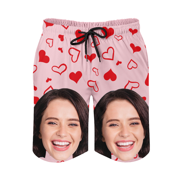 Custom Sweet Red Heart Mens‘ Shorts Personalized Photo Hawaiian Sweet Love Beach Shorts Gift For Him For Husband-mekesllser-Swimwear,Mekesllser,Red Heart,Summer Sale,Swimwear For Men,For Men,Hawaiian Shorts