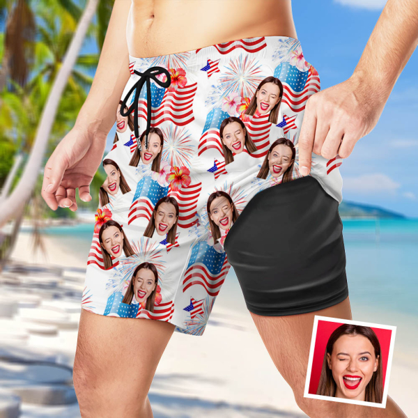 Custom The Independence Day Men’s Beach Shorts Personalized Photo American Flag Sports Shorts Gift For Him For Husband-mekesllser-Swimwear,Mekesllser,American Flag,Summer Sale,Beach Shorts,Swimwear For Men,For Men,Hawaiian