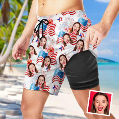Custom The Independence Day Men’s Beach Shorts Personalized Photo American Flag Sports Shorts Gift For Him For Husband-mekesllser-Swimwear,Mekesllser,American Flag,Summer Sale,Beach Shorts,Swimwear For Men,For Men,Hawaiian
