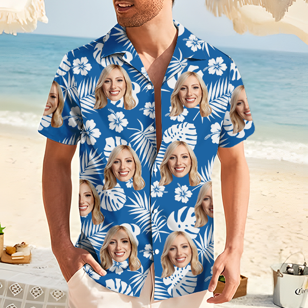Custom Hawaiian Shirt With Personalized Face Holiday Hibiscus Flower Beach Shirt  Holiday Gift For Men, For Husband-mekesllser-Swimwear,Mekesllser,Summer Sale,Swimwear For Men,For Men,Hawaiian,Hawaiian Shirt,Men's Hawaiian Shirt