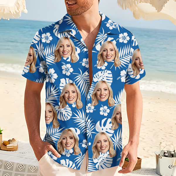 Custom Hawaiian Shirt With Personalized Face Holiday Hibiscus Flower Beach Shirt  Holiday Gift For Men, For Husband-mekesllser-Swimwear,Mekesllser,Summer Sale,Swimwear For Men,For Men,Hawaiian,Hawaiian Shirt,Men's Hawaiian Shirt