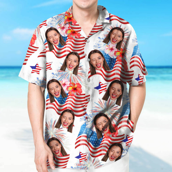 Custom American Flag Hawaiian Shirt With Face Holiday Beach Shirt The Independence Day Beach Shirt Holiday Gift For Men, For Husband-mekesllser-Swimwear,Mekesllser,American Flag,Summer Sale,Swimwear For Men,For Men,Hawaiian,Hawaiian Shirt,Men's Hawaiian Shirt