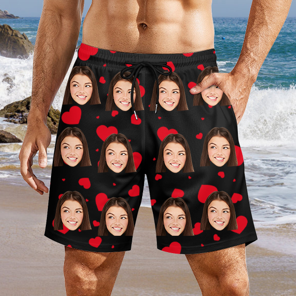 Custom Sweet Heart Mens‘ Shorts Personalized Photo Hawaiian Sweet Love Beach Shorts Gift For Him For Husband-mekesllser-Swimwear,Mekesllser,Red Heart,Summer Sale,Swimwear For Men,For Men,Hawaiian Shorts