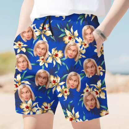 Custom Yellow Hibiscus Men's Beach Shorts Personalized Photo Flower Hawaiian Sports Shorts Gift For Him For Husband-mekesllser-Swimwear,Mekesllser,Summer Sale,Beach Shorts,Swimwear For Men,For Men,Hawaiian