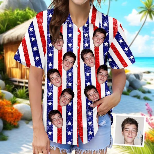 Custom Women's Hawaiian Shirt With Face American Flag Straps Hawaiian Personalized Gifts For Her-mekesllser-Swimwear For Women,For Women,Swimwear,Mekesllser,American Flag,Summer Sale,Hawaiian Shirt,Women's Hawaiian Shirt