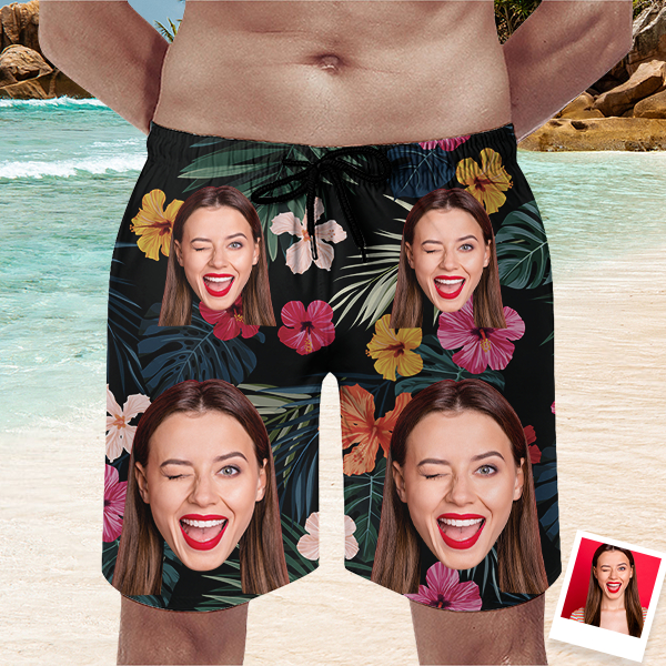 Custom Hawaiian Mens‘ Shorts Personalized Photo Flower Hawaiian Sports Beach Shorts Gift For Him For Husband-mekesllser-Swimwear,Mekesllser,Summer Sale,Swimwear For Men,For Men,Hawaiian,Hawaiian Shorts