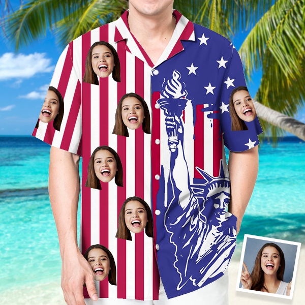 Custom Statue Of Liberty Hawaiian Shirt With Face Holiday American Flag Independence Day Beach Shirt Beach Shirt Holiday Gift For Men-mekesllser-Swimwear,Mekesllser,American Flag,Summer Sale,Swimwear For Men,For Men,Hawaiian Shirt,Men's Hawaiian Shirt,Independence Day
