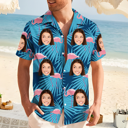 Custom Flamingo Hawaiian Shirt With Personalized Face Holiday Beach Shirt  Holiday Gift For Men, For Husband-mekesllser-Swimwear,Mekesllser,Summer Sale,Swimwear For Men,For Men,Hawaiian,Hawaiian Shirt,Men's Hawaiian Shirt