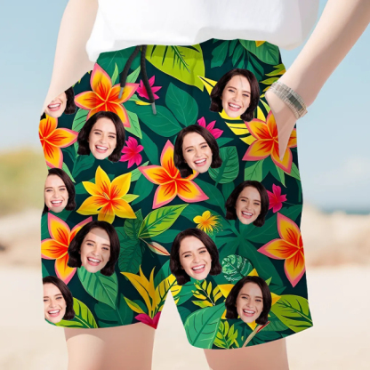 Custom Hawaiian Mens Beach Shorts Personalized Photo Green Flower Hawaiian Sports Shorts Gift For Him For Husband-mekesllser-Swimwear,Mekesllser,Summer Sale,Beach Shorts,Swimwear For Men,For Men,Hawaiian