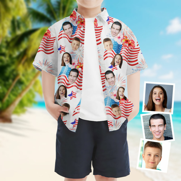 Custom American Flag Hawaiian Short Sleeve Shirt Face Independence Day Teenage Hawaiian Shirt Beach Holiday Gift For Kids-mekesllser-Swimwear,Mekesllser,American Flag,Summer Sale,Hawaiian,Hawaiian Shirt,For Kids,Swimwear For Kids,Kid's Hawaiian Shirt,For Boys,For Girls