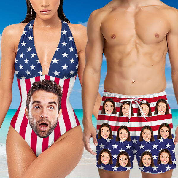 Custom American Flag Mens‘ Beach Shorts Personalized Photo Hawaiian Shorts Gift For Him For Husband-mekesllser-Swimwear,Mekesllser,American Flag,Summer Sale,Swimwear For Men,For Men,Hawaiian Shorts