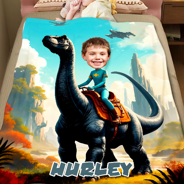 Custom Riding Dinosaur Blankets Personalized Face & Name Hero Blanket Gifts For Boys-mekesllser-dinosaur blanket,Mekesllser,For Kids,Home&Living,Blanket,For Boys,Dinosaur,Blanket for Boys