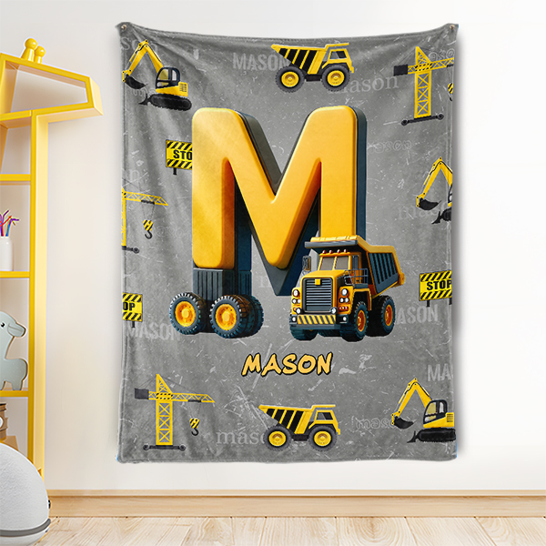 Custom Construction Vehicles Letter Personalized Nmae Kid Blanket Gift For Boys-mekesllser-Mekesllser,For Kids,Home&Living,Blanket,For Boys,Kid's Simple Style,Blanket for Boys,Autumn Sale,Children's Daily Style