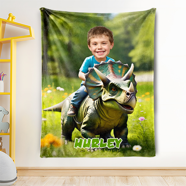 Custom Riding Dinosaur Blankets Personalized Face & Name Hero Blanket Gifts For Boys-mekesllser-dinosaur blanket,Mekesllser,For Kids,Home&Living,Blanket,For Boys,Dinosaur,Blanket for Boys