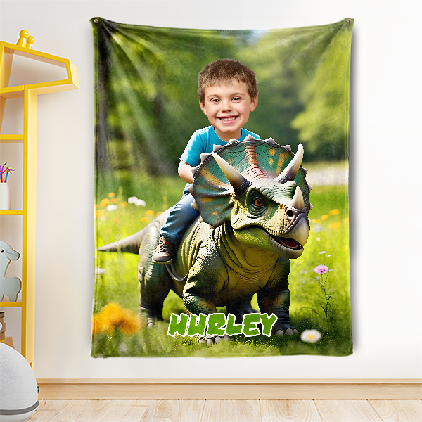 Custom Riding Dinosaur Blankets Personalized Face & Name Hero Blanket Gifts For Boys-mekesllser-dinosaur blanket,Mekesllser,For Kids,Home&Living,Blanket,For Boys,Dinosaur,Blanket for Boys