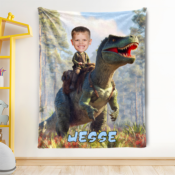 Custom Dinosaur Blankets Personalized Face & Name Hero Blanket Gifts For Boys-mekesllser-dinosaur blanket,Mekesllser,For Kids,Home&Living,Blanket,For Boys,Dinosaur,Blanket for Boys