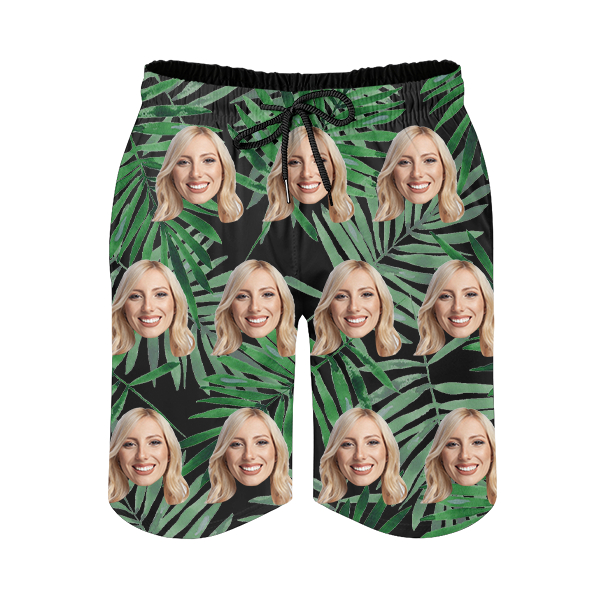 Custom Hawaiian Mens‘ Shorts Personalized Photo Green Leaves Hawaiian Sports Beach Shorts Gift For Him For Husband-mekesllser-Swimwear,Mekesllser,Summer Sale,Swimwear For Men,For Men,Hawaiian,Hawaiian Shorts