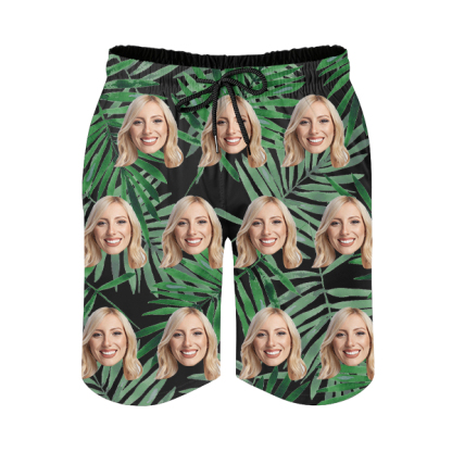Custom Hawaiian Mens‘ Shorts Personalized Photo Green Leaves Hawaiian Sports Beach Shorts Gift For Him For Husband-mekesllser-Swimwear,Mekesllser,Summer Sale,Swimwear For Men,For Men,Hawaiian,Hawaiian Shorts