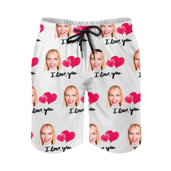 Custom Sweet Heart Mens‘ Shorts Personalized Photo Hawaiian Love Beach Shorts Gift For Him For Husband-mekesllser-Swimwear,Mekesllser,Red Heart,Summer Sale,Swimwear For Men,For Men,Hawaiian Shorts