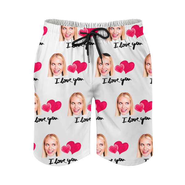 Custom Sweet Heart Mens‘ Shorts Personalized Photo Hawaiian Love Beach Shorts Gift For Him For Husband-mekesllser-Swimwear,Mekesllser,Red Heart,Summer Sale,Swimwear For Men,For Men,Hawaiian Shorts