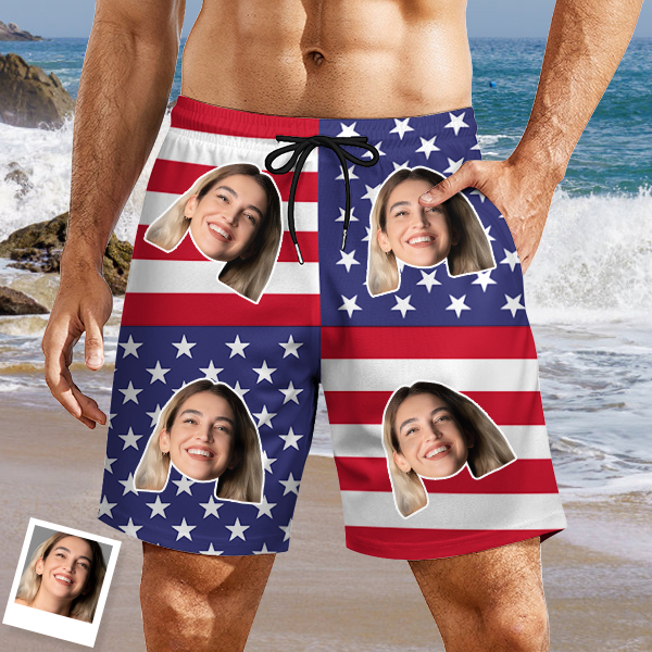 Custom American Flag Hawaiian Mens‘ Shorts Personalized Photo Hawaiian Beach Shorts Gift For Him For Husband-mekesllser-Swimwear,Mekesllser,American Flag,Summer Sale,Swimwear For Men,For Men,Hawaiian Shorts