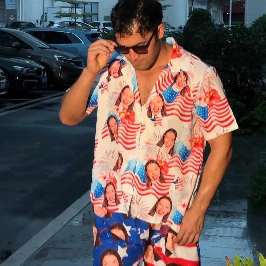 Custom American Flag Hawaiian Shirt With Face Holiday Beach Shirt The Independence Day Beach Shirt Holiday Gift For Men, For Husband