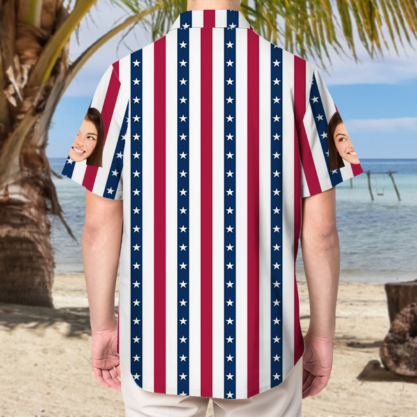 Custom American Flag Hawaiian Shirt With Face Holiday Beach Shirt Independence Day Shirt Holiday Gift For Men-mekesllser-Swimwear,Mekesllser,American Flag,Summer Sale,Swimwear For Men,For Men,Hawaiian Shirt,Men's Hawaiian Shirt