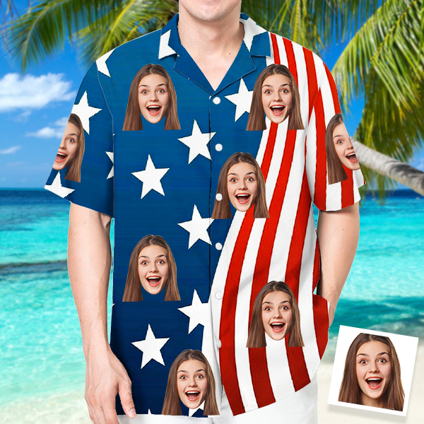 Custom American Flag Hawaiian Shirt With Face Holiday Beach Shirt Beach Shirt Holiday Gift For Men-mekesllser-Swimwear,Mekesllser,American Flag,Summer Sale,Swimwear For Men,For Men,Hawaiian Shirt,Men's Hawaiian Shirt