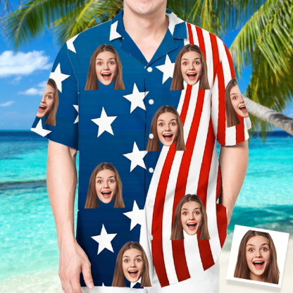 Custom American Flag Hawaiian Shirt With Face Holiday Beach Shirt Beach Shirt Holiday Gift For Men-mekesllser-Swimwear,Mekesllser,American Flag,Summer Sale,Swimwear For Men,For Men,Hawaiian Shirt,Men's Hawaiian Shirt