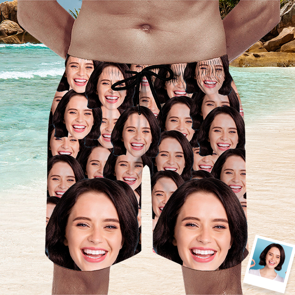 Custom Hawaiian Multi Faces Mens‘ Shorts Personalized Photo Flower Hawaiian Sports Beach Shorts Gift For Him For Husband-mekesllser-Swimwear,Mekesllser,Summer Sale,Swimwear For Men,Hawaiian Shorts,Funny Face