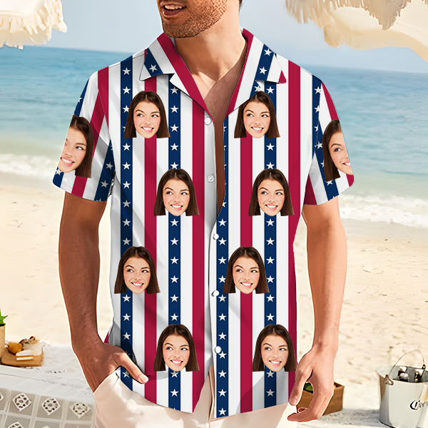 Custom American Flag Hawaiian Shirt With Face Holiday Beach Shirt Independence Day Shirt Holiday Gift For Men-mekesllser-Swimwear,Mekesllser,American Flag,Summer Sale,Swimwear For Men,For Men,Hawaiian Shirt,Men's Hawaiian Shirt